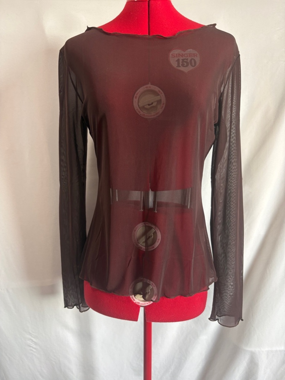 Semi-Sheer Long-Sleeve Mesh Top in Dark Brown